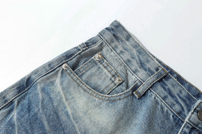 Washed Whisker Damage Wide Leg Denim Jeans WN26121