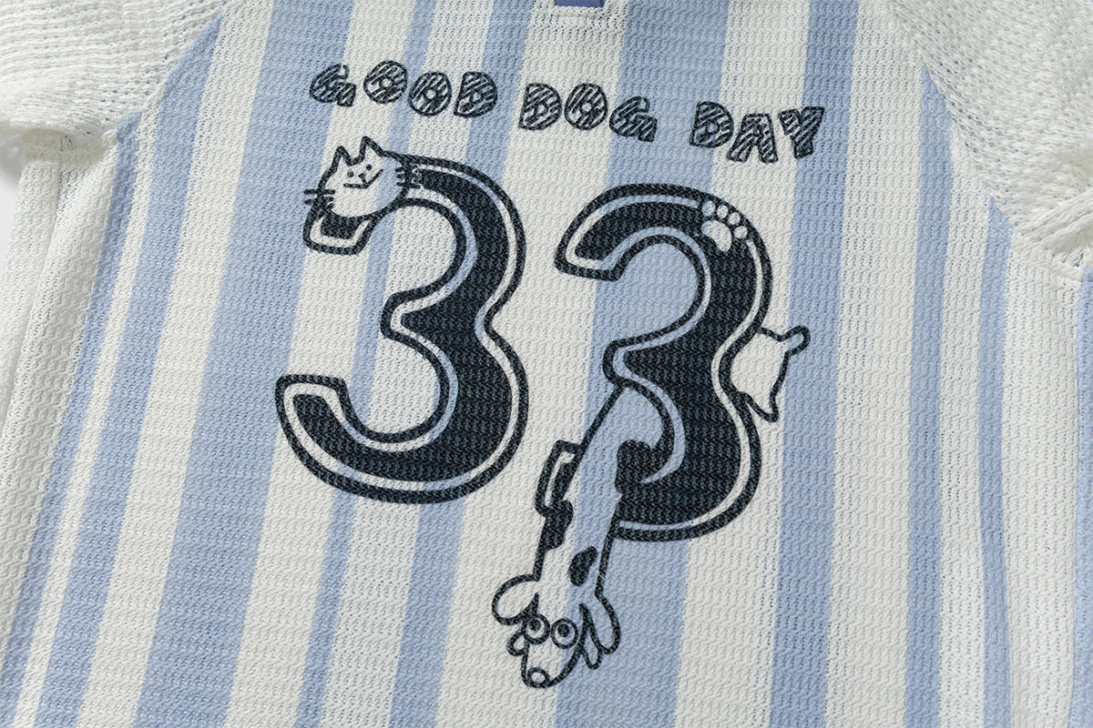 Stripe Number Print Short Sleeve Shirt WN25416