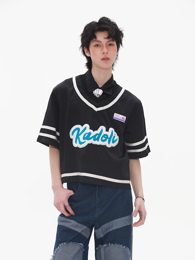 Patchwork Multi-Label V-Neck Short Sleeve T-Shirt WN20217