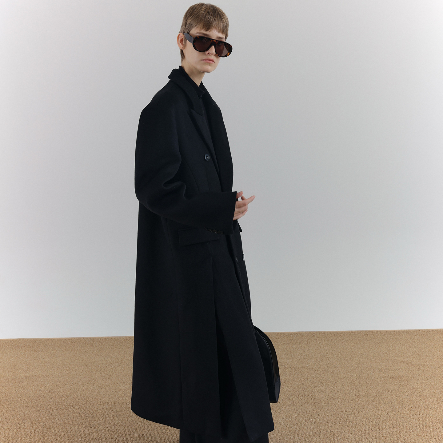 Wool Double Breasted Split Hem Long Coat WN21572