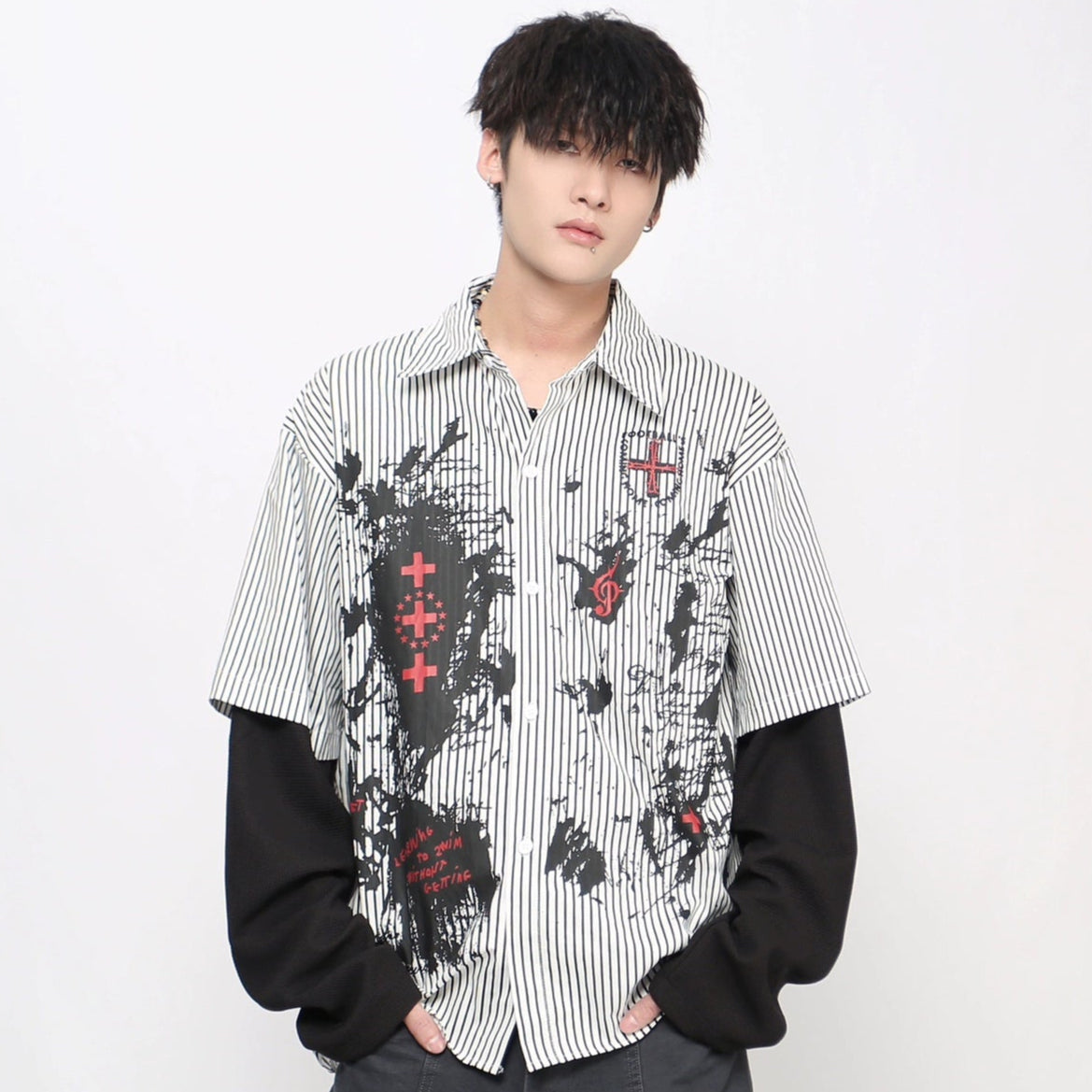 Graffiti Gothic Print Fake Layered Long Sleeve Shirt WN21028