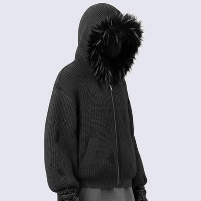 Fake Fur Collar Damage Zipper Knit Hoodie WN28100