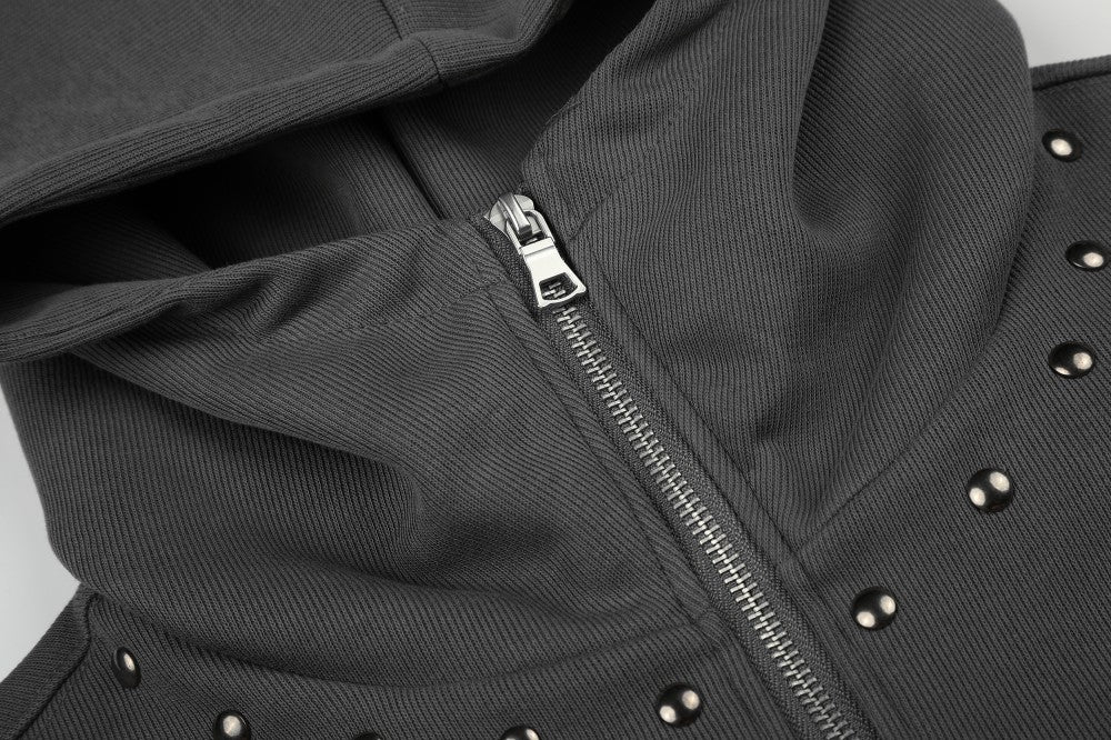Graphic Print Studs Detail Cropped Zipper Hoodie WN28057