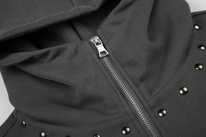Graphic Print Studs Detail Cropped Zipper Hoodie WN28057