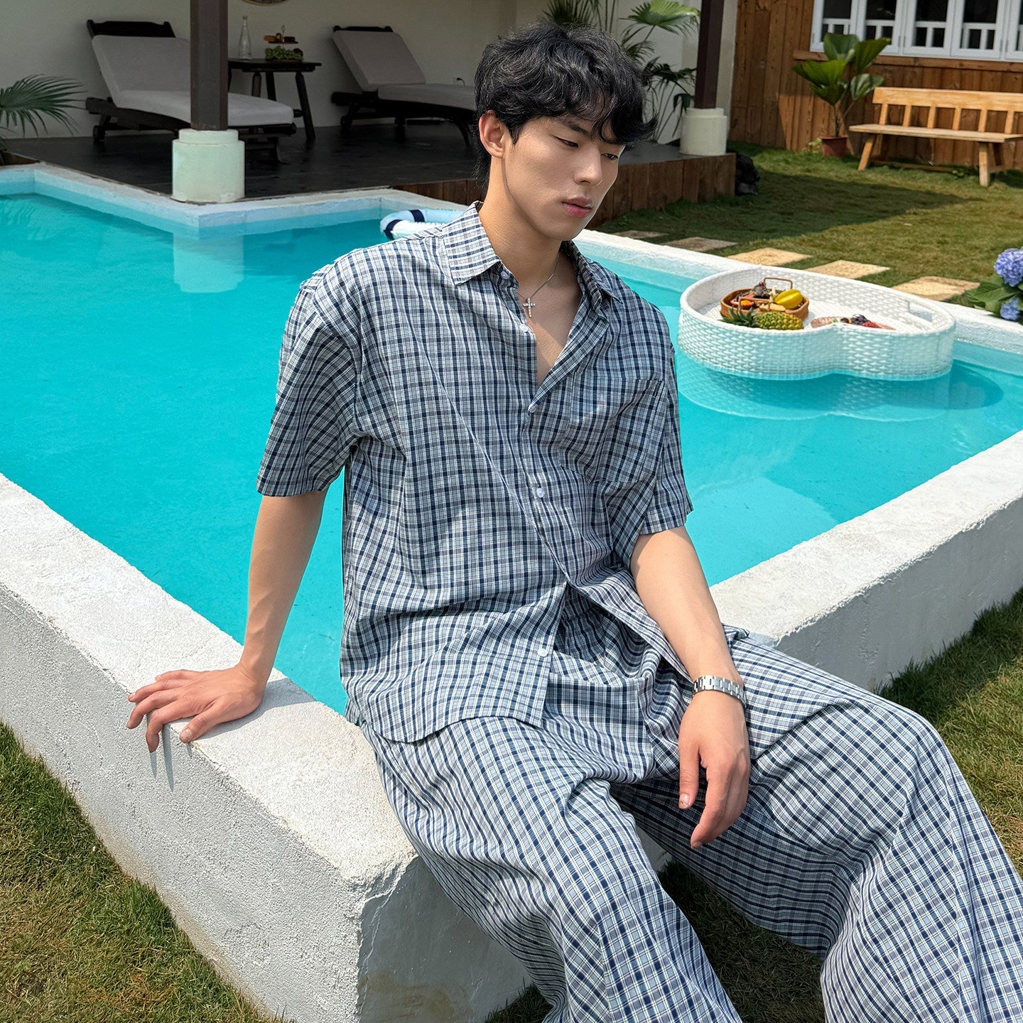 Check Short Sleeve Shirt & Wide Leg Pants Setup WN25031