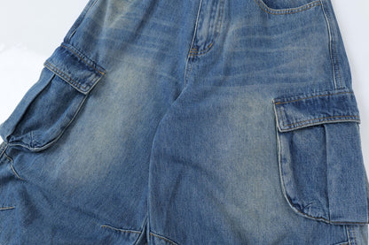 Washed Multi Pocket Cargo Denim Half Jeans WN26123