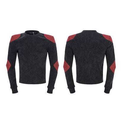 PU Leather Armor Mix Patch Damage Long Sleeve T-Shirt WN22643
