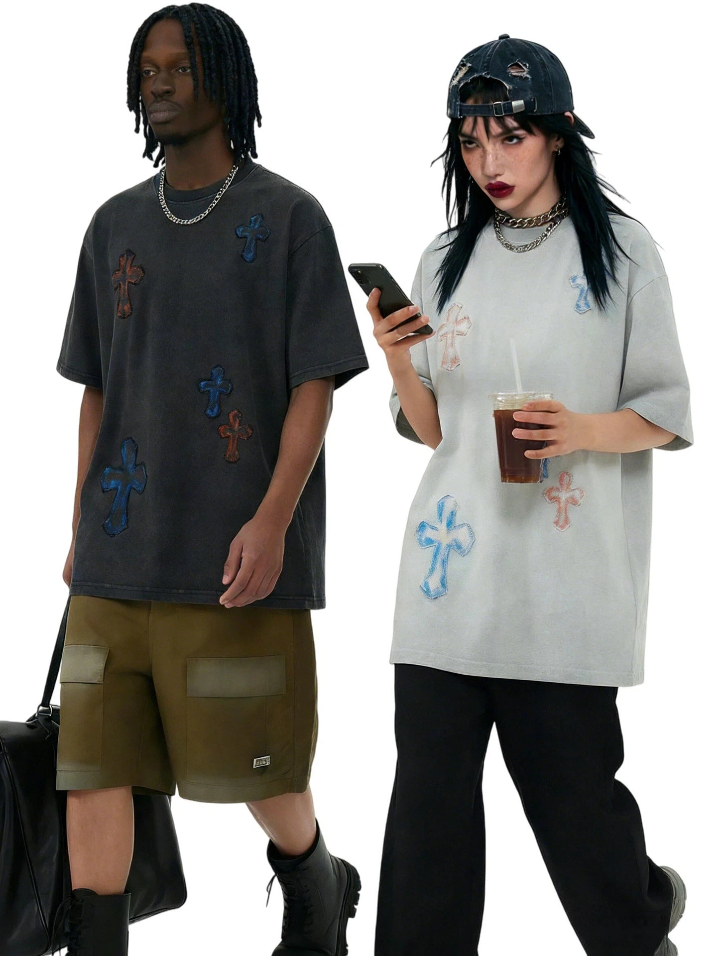Washed Cross Applique Short Sleeve T-Shirt WN25439