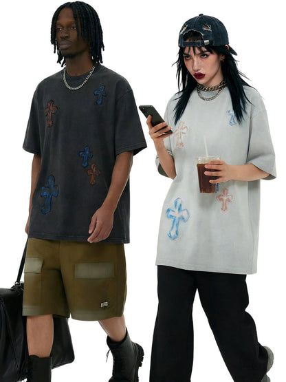 Washed Cross Applique Short Sleeve T-Shirt WN25439