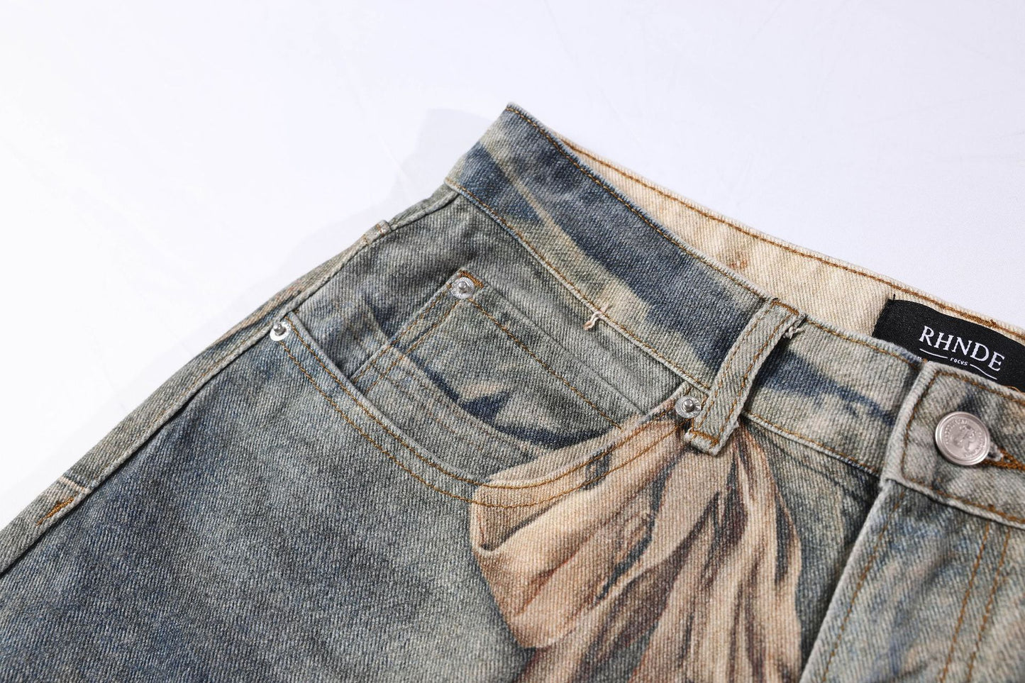 Washed 3D Graphic Print Wide Leg Denim Jeans WN26139