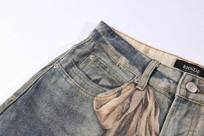Washed 3D Graphic Print Wide Leg Denim Jeans WN26139