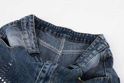 Washed Star Rhinestone Wide Leg Denim Jeans WN25458