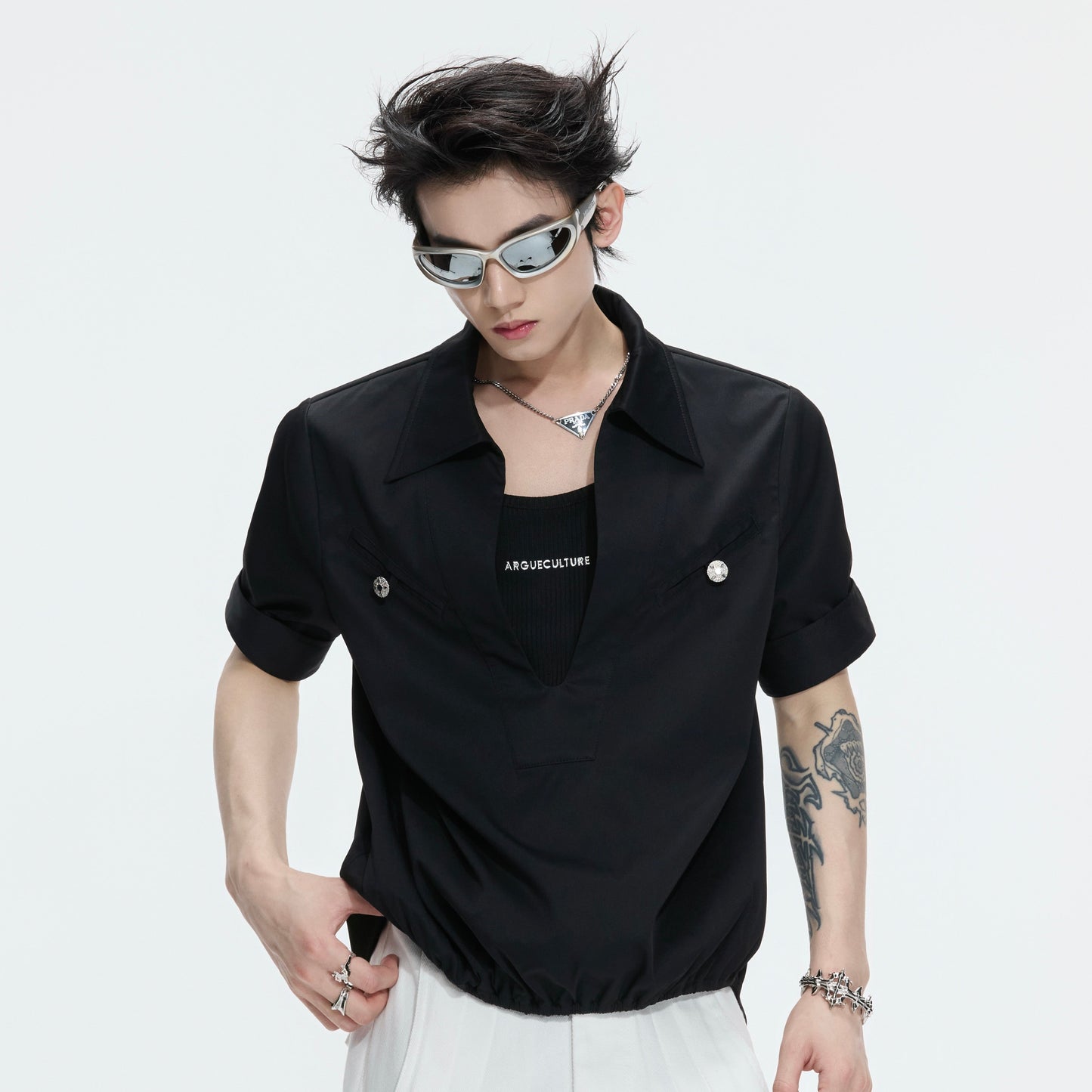 Fake Layered Workwear Elastic Hem Short Sleeve Shirt WN26992