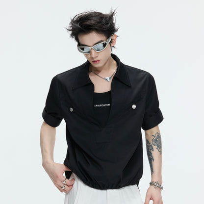 Fake Layered Workwear Elastic Hem Short Sleeve Shirt WN26992