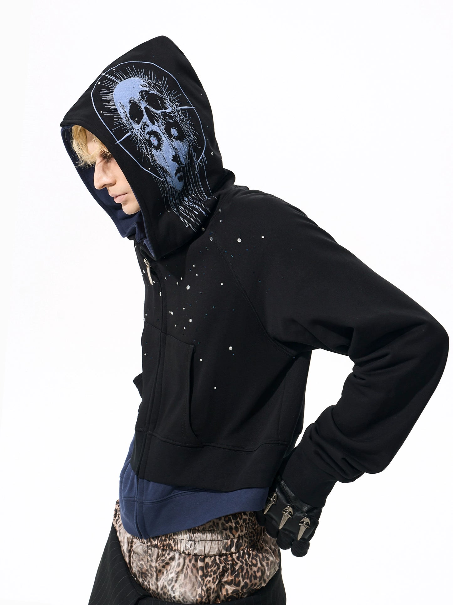 Fake Layered Art Print Rhinestone Zipper Hoodie WN21779