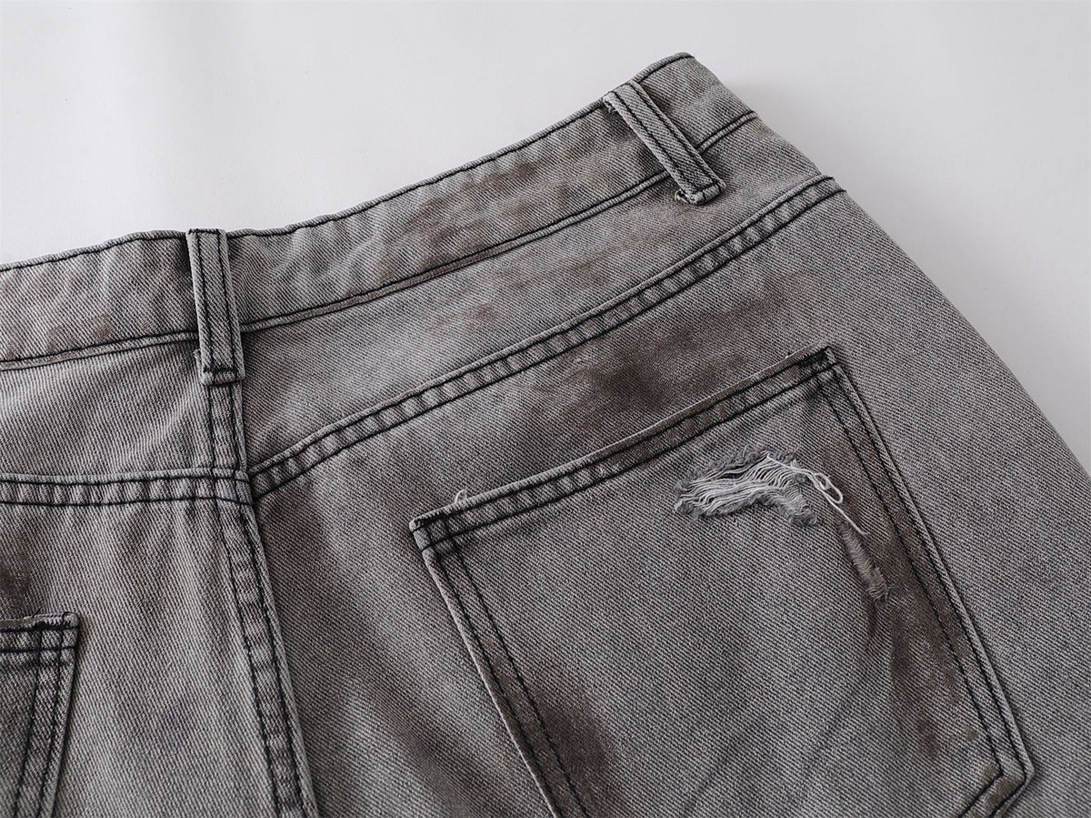 Dirty Washed Ripped Straight Leg Denim Jeans WN26829