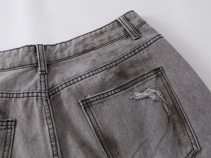 Dirty Washed Ripped Straight Leg Denim Jeans WN26829