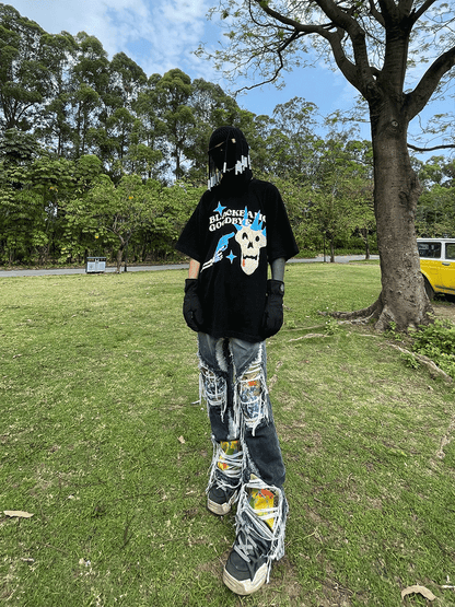 Frayed Washed Embroidery Design Denim Jeans WN18149