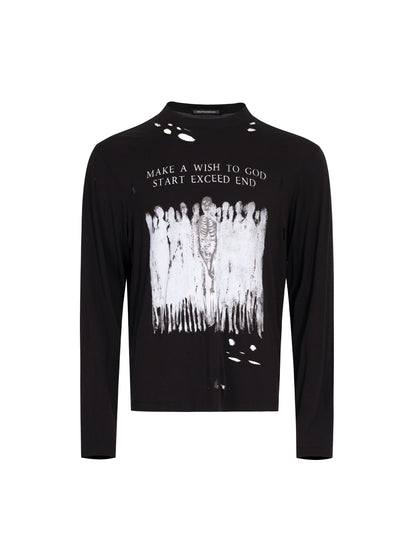 Skull Print Washed Damage Long Sleeve T-Shirt WN21771