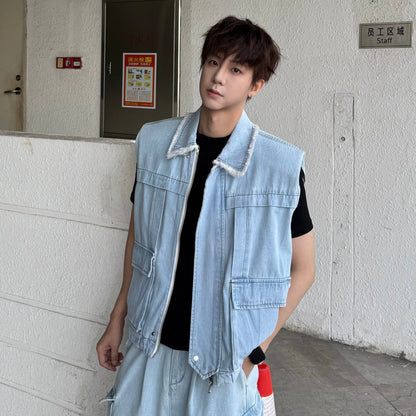 Sleeveless Denim Jacket & Wide Leg Cargo Denim Jeans Setup WN25330