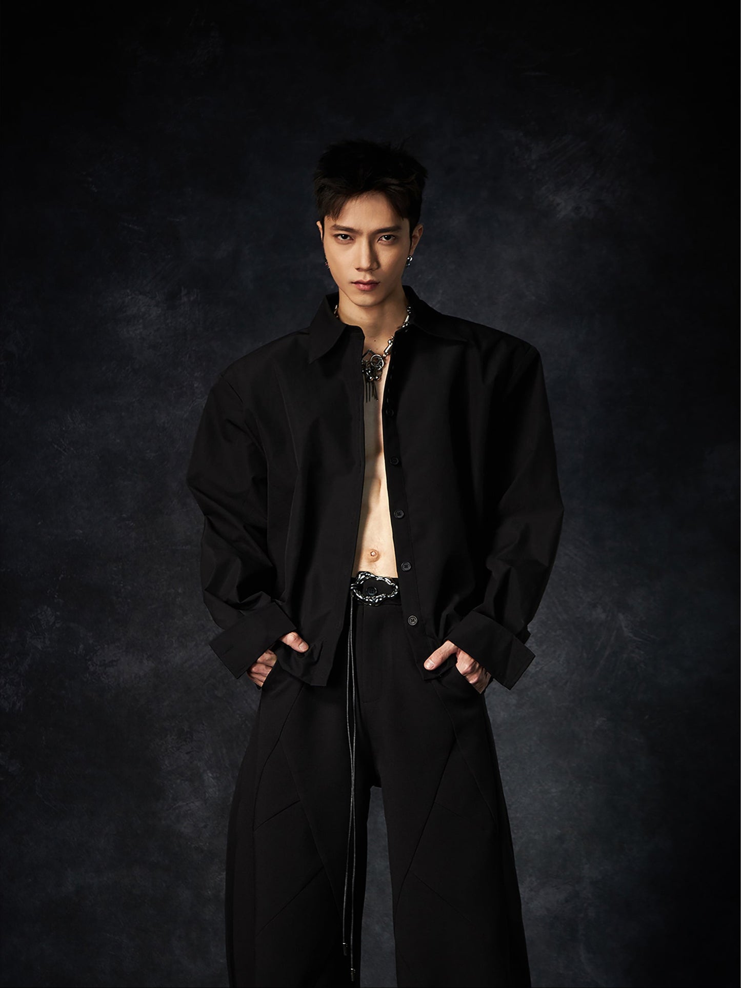 Multiple Button Waist-Fitted Hem Turn-Down Collar Long Sleeve Shirt WN15237