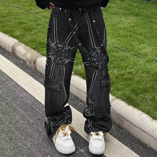 Rivet Strap Panel Wide Leg Denim Jeans WN24135