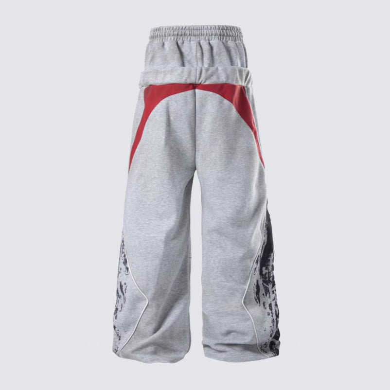Double Waist Contrast Panel Embroidery Wide Leg Sweatpants WN28111