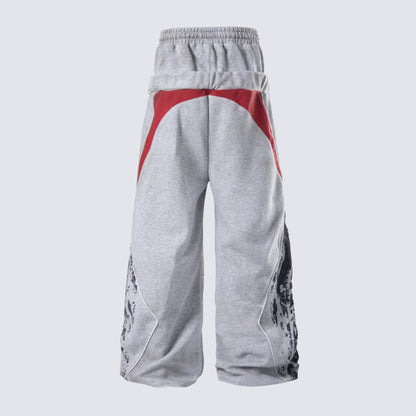 Double Waist Contrast Panel Embroidery Wide Leg Sweatpants WN28111