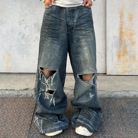 Ripped Wide Leg Denim Jeans WN24042