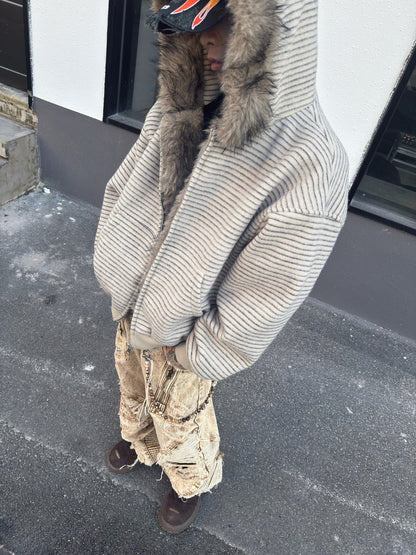 Fur Collar Striped Fleece Lining Short Zipper Hoodie WN23000