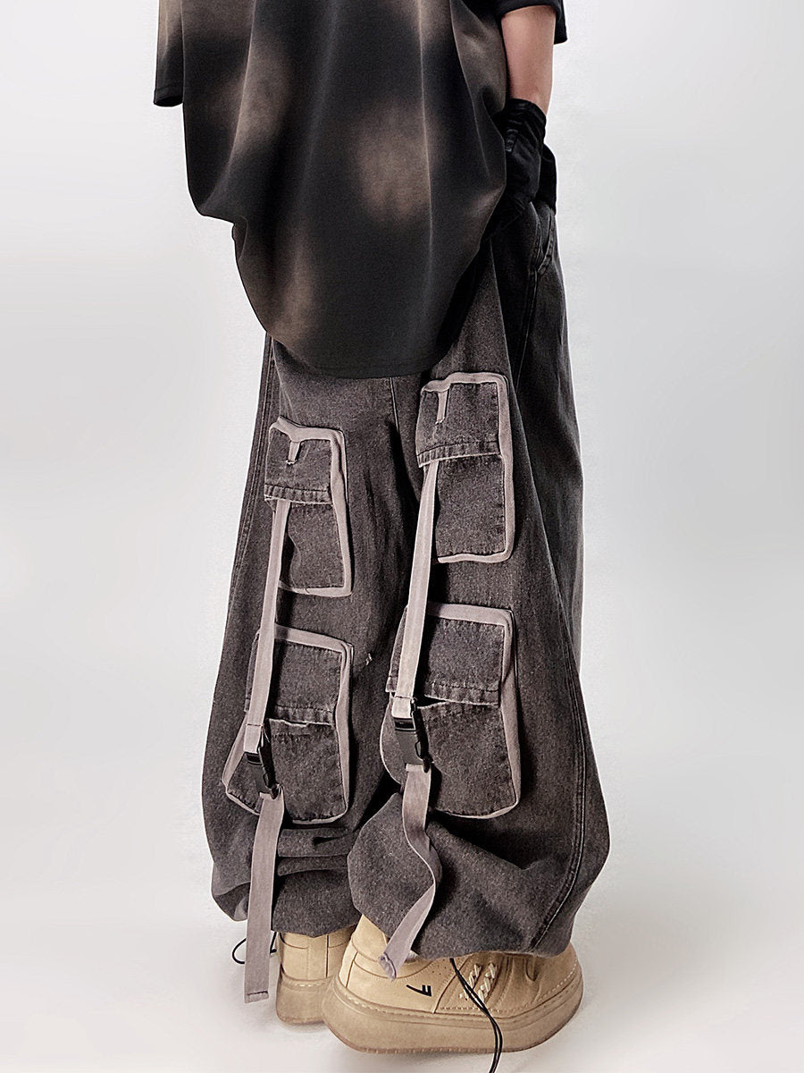 Washed Multi-Pocket Wide Leg Denim Jeans WN23998