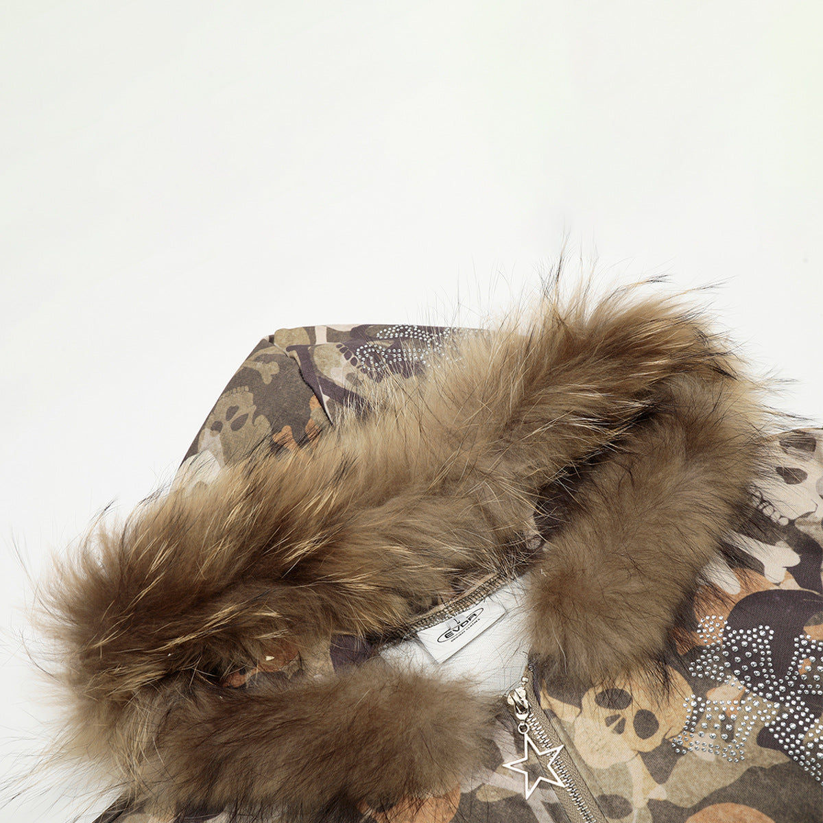 Fake Fur Collar Camouflage Print Rhinestone Zipper Hoodie WN21915