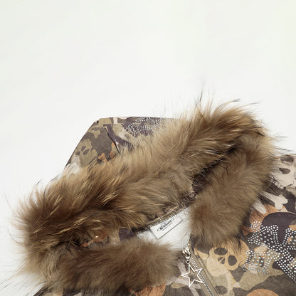 Fake Fur Collar Camouflage Print Rhinestone Zipper Hoodie WN21915
