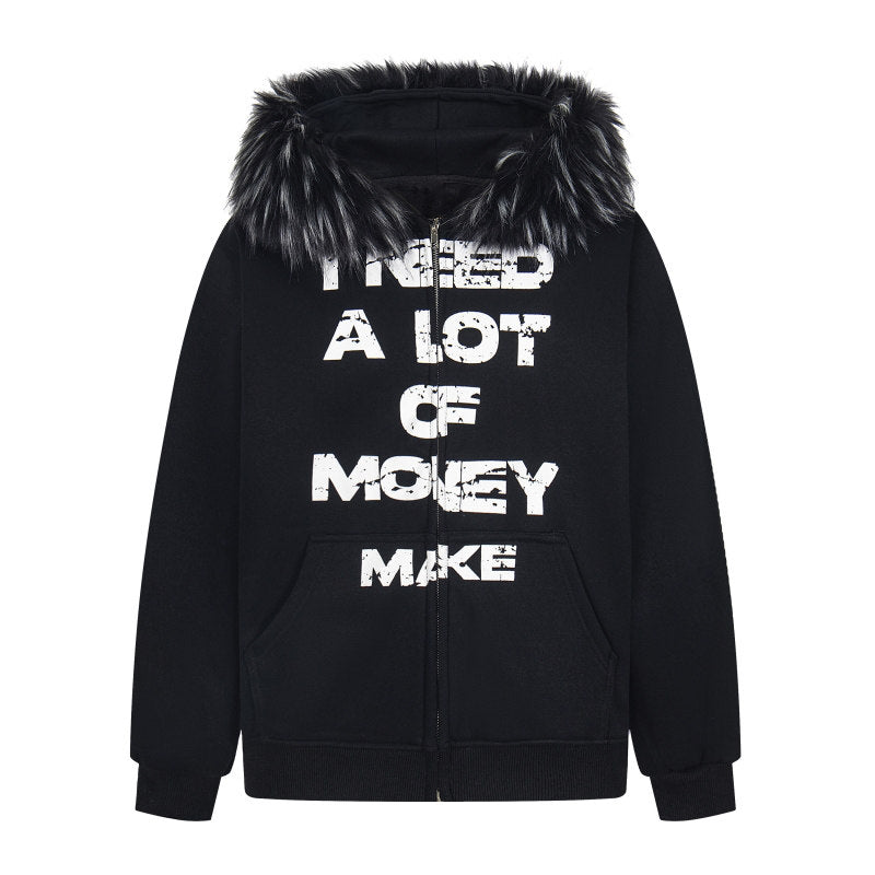Letter Detachable Fake Fur Fleece Lining Hoodie WN24252