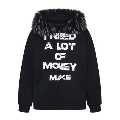 Letter Detachable Fake Fur Fleece Lining Hoodie WN24252