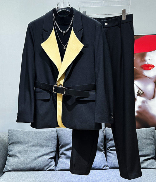 Patchwork Color Block Fake Layered Tailored Jacket & Straight Trousers Setup WN23926