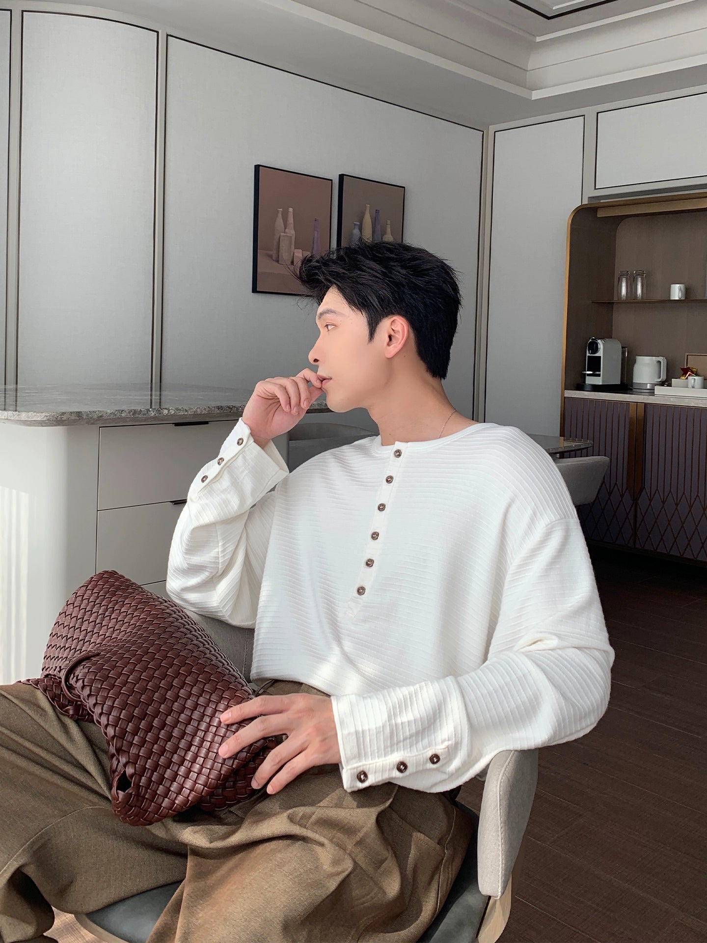 Wrinkle-Free Henry Neck Long Sleeve T-Shirt WN20476