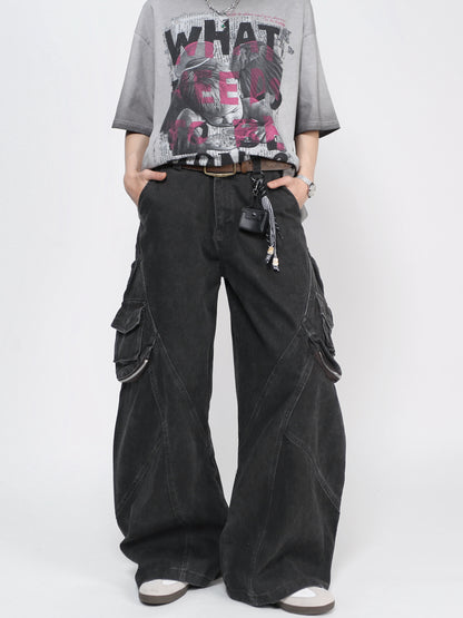 Washed Panel Seam Multi Pocket Wide Leg Denim Jeans WN24487