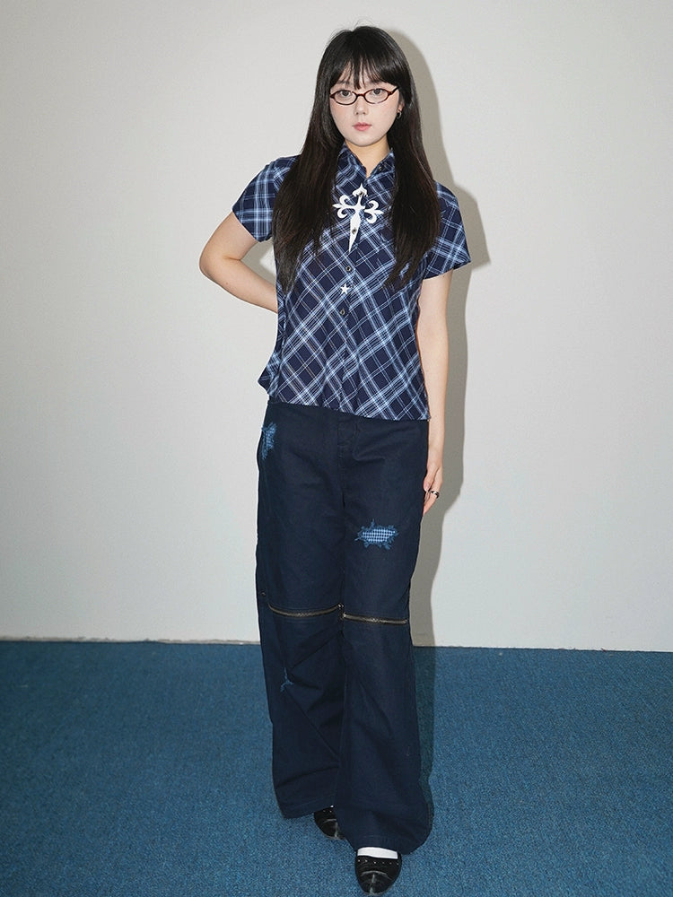 Plaid Mix Damage Wide Leg Pants WN19000