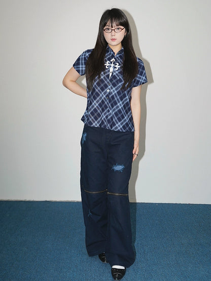 Plaid Mix Damage Wide Leg Pants WN19000