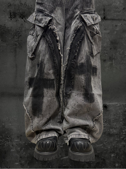 Paint Damage Cargo Wide Leg Denim Jeans & Skull Belt & Belt Chain WN23824