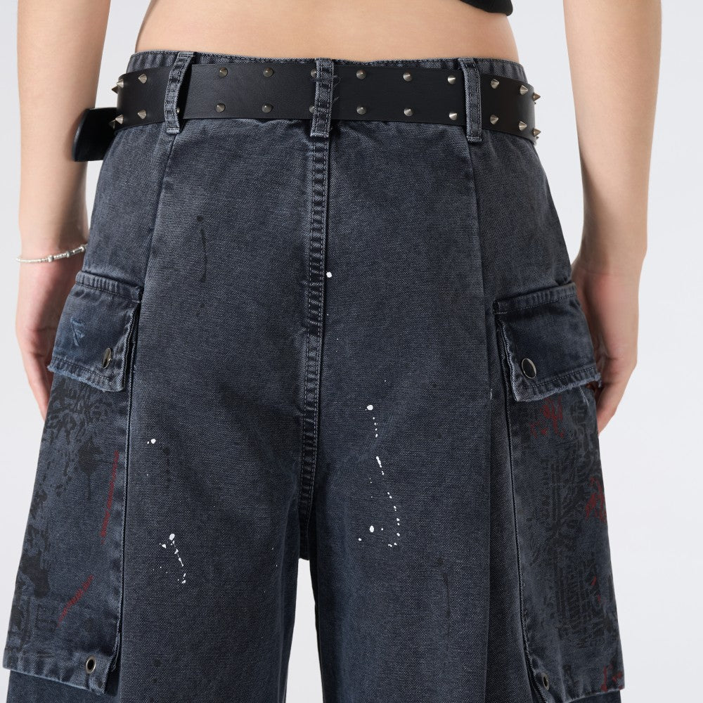 Denim Paint Splatter Multi-Pocket Wide Leg Half Pants WN27938