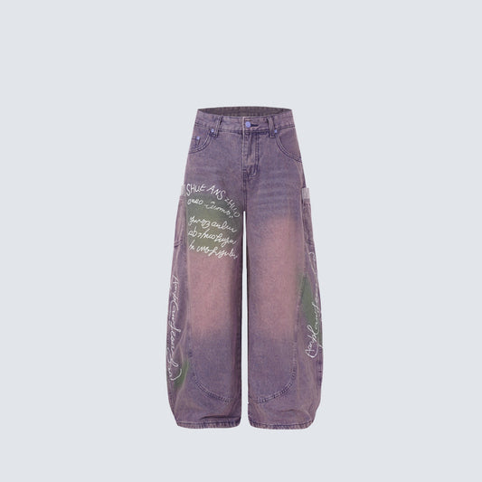 Washed Panel Wide Leg Letter Denim Jeans WN27951
