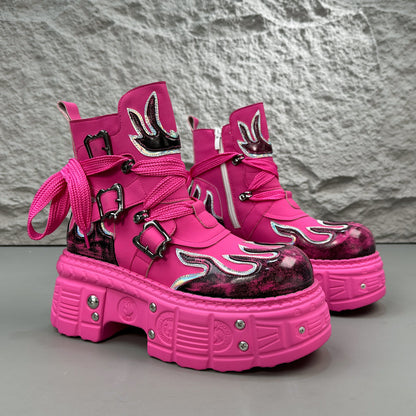 Flame Embroidery Strap Buckle Platform Short Boots WN24578