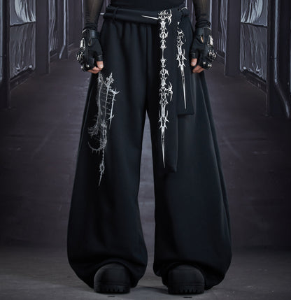 Totem Print Detachable Ribbon Wide Leg Barrel Sweatpants WN22918