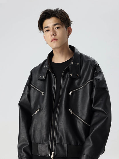 Zipper Design PU Leather Oversize Jacket WN17572