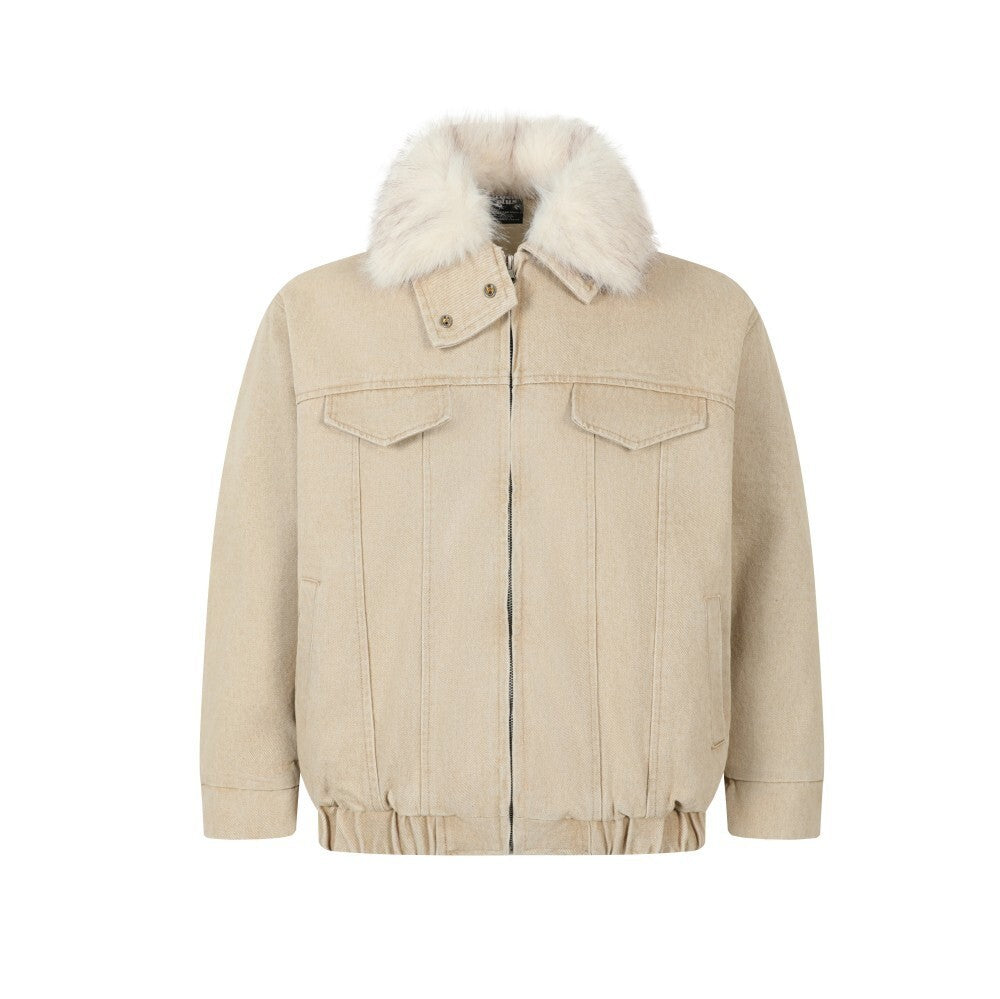 Furry Collar Denim PU Leather Jacket WN21928