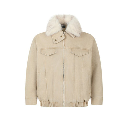 Furry Collar Denim PU Leather Jacket WN21928