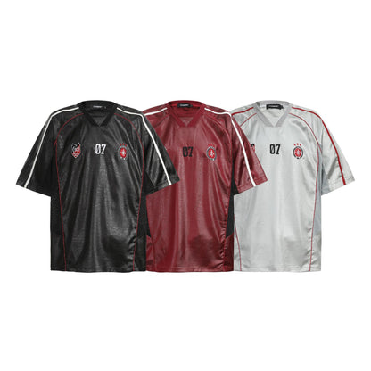 Chest Emblem PU Leather Stitching V-Neck Oversize Short Sleeve T-Shirt WN25655