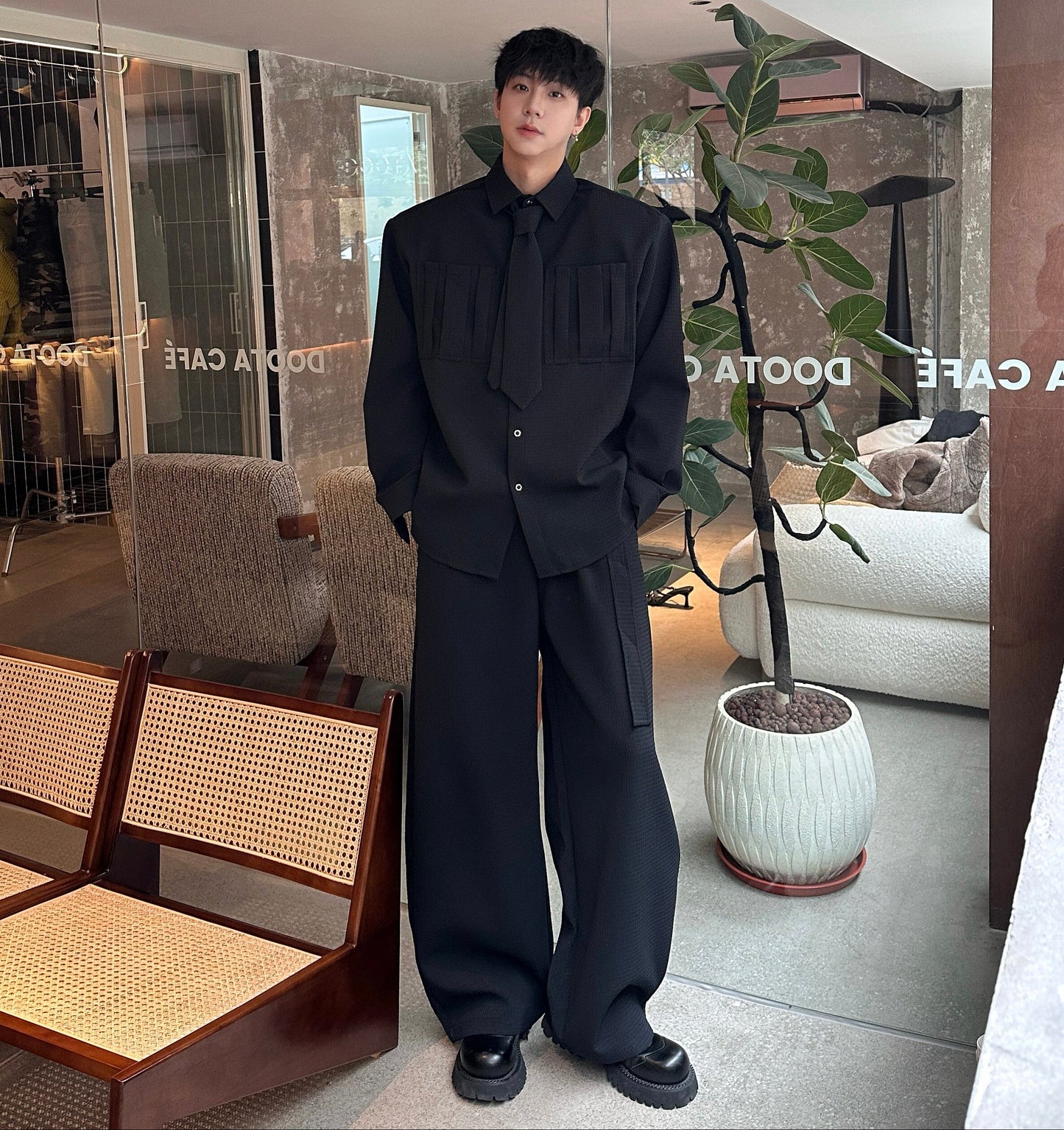 Detachable Tie Shoulder-pad Oversize Long Sleeve Shirt & Wide Leg Trousers Setup WN25242